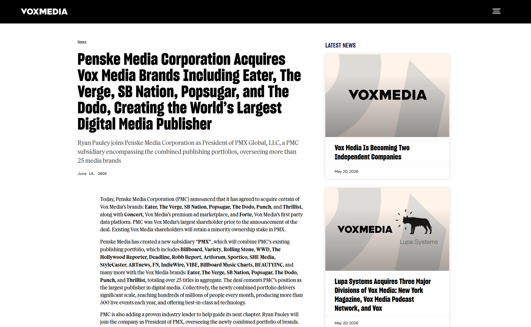 ペンスキーメディア、Vox Mediaから残る7ブランドを買収　「Billboard」「Variety」など運営