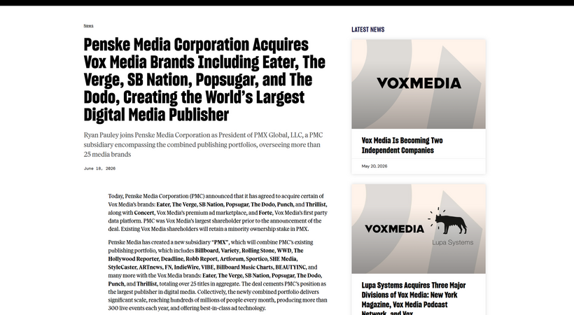 ペンスキーメディア、Vox Mediaから残る7ブランドを買収　「Billboard」「Variety」など運営