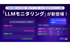 ミエルカSEOに新機能「LLMモニタリング」搭載、ChatGPTやGeminiでの自社露出を可視化 画像