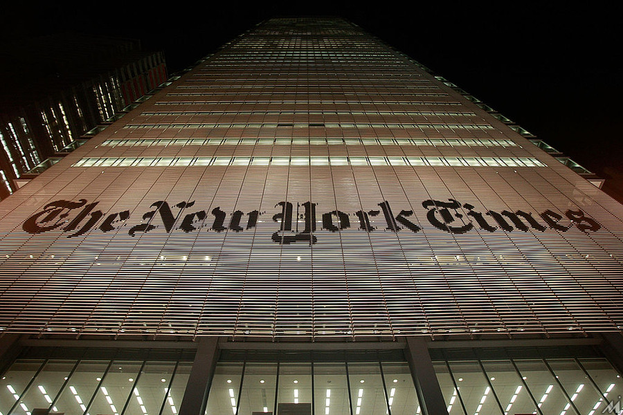 <p>NEW YORK – FEBRUARY 19:  The New York Times headquarters is seen February 19, 2009 in New York City. The New York Times Co. suspended quarterly dividend payments to shareholders today in an effort to reduce debt.  (Photo by Mario Tama/Getty Images)</p>