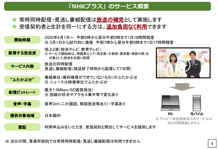 NHK、番組の常時同時配信・見逃し番組配信サービス「NHKプラス」を4月開始