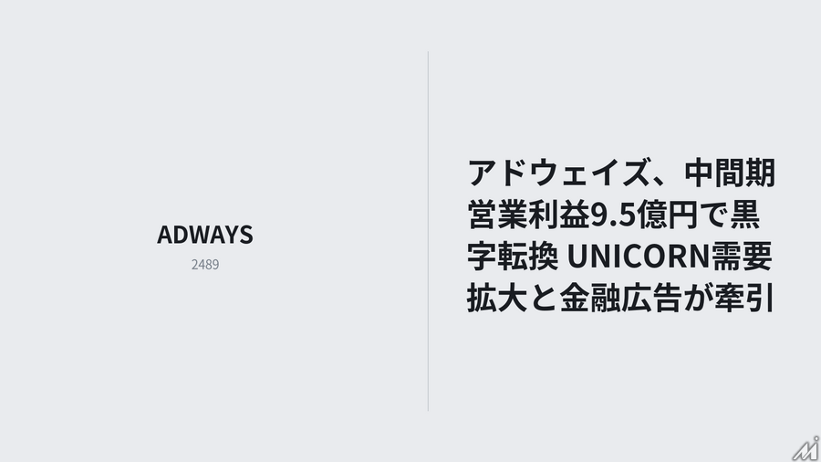 アドウェイズ、中間期営業利益9.5億円で黒字転換 UNICORN需要拡大と金融広告が牽引