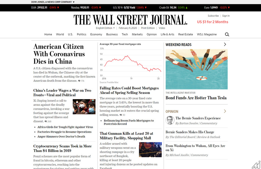 「ウォール・ストリート・ジャーナル」のサブスクが200万人を突破、NYTより順調と主張