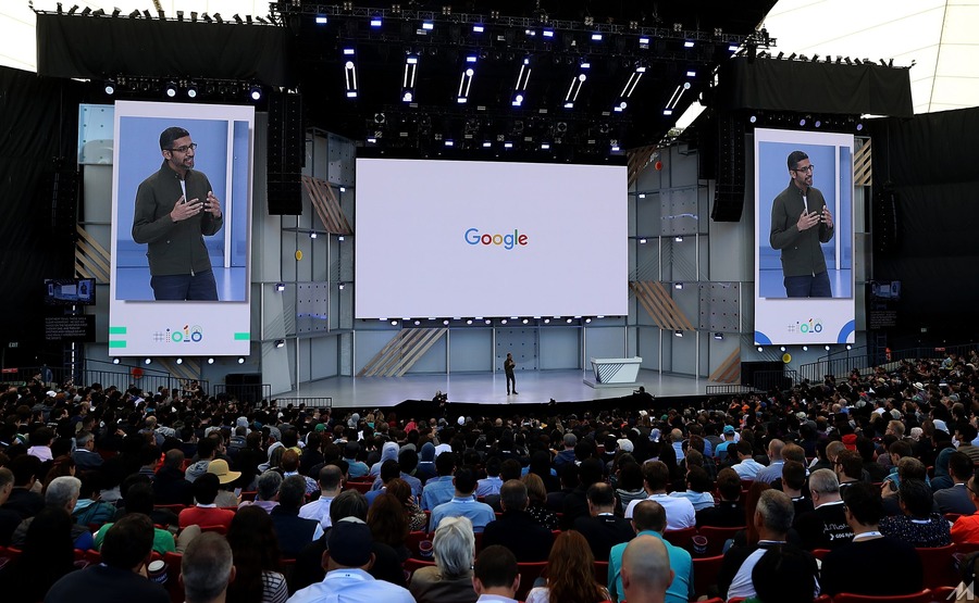 <p>MOUNTAIN VIEW, CA – MAY 08:  Google CEO Sundar Pichai delivers the keynote address at the Google I/O 2018 Conference at Shoreline Amphitheater on May 8, 2018 in Mountain View, California. Google’s two day developer conference runs through Wednesday May 9.  (Photo by Justin Sullivan/Getty Images)</p>