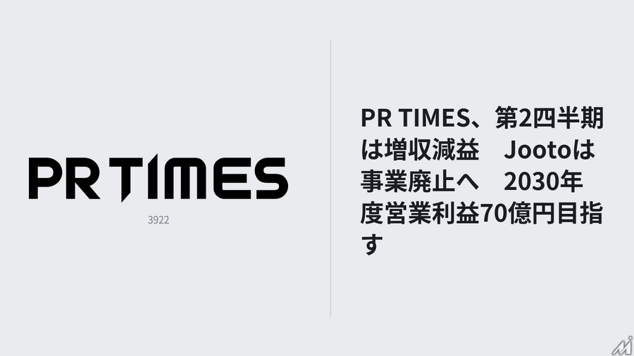 PR TIMES、第2四半期は増収減益　Jootoは事業廃止、2030年度営業利益70億円目指す