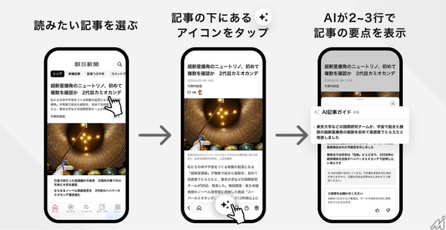 朝日新聞アプリ、AIが記事要点を自動表示する「AI記事ガイド」をβ提供開始