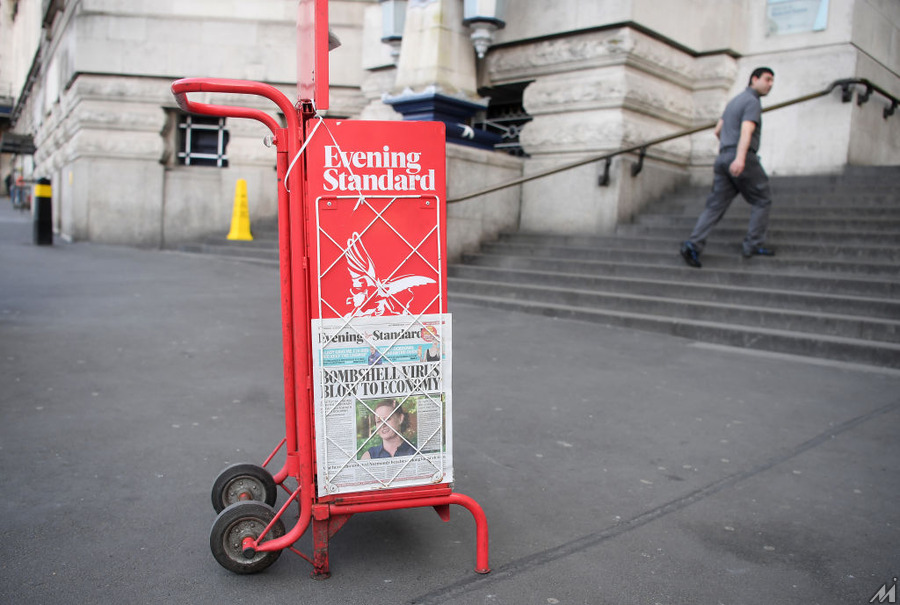 <p>LONDON, ENGLAND  – APRIL 23: A detailed view of the Evening Standard outside Waterloo Station  on April 23, 2020 in London, England . The British government has extended the lockdown restrictions first introduced on March 23 that are meant to slow the spread of COVID-19. (Photo by Alex Davidson/Getty Images)</p>