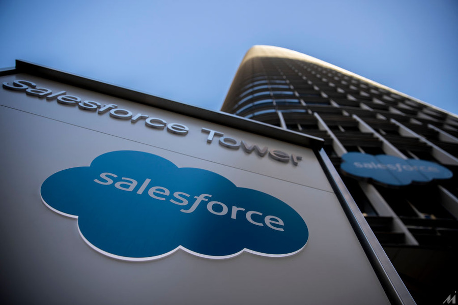<p>SAN FRANCISCO, CA – DECEMBER 01: The Salesforce logo is seen at Salesforce Tower on December 1, 2020 in San Francisco, California. The cloud-based enterprise software company announced on Tuesday that it will purchase the popular workplace-chat app Slack for $27.7 billion. (Photo by Stephen Lam/Getty Images)</p>
