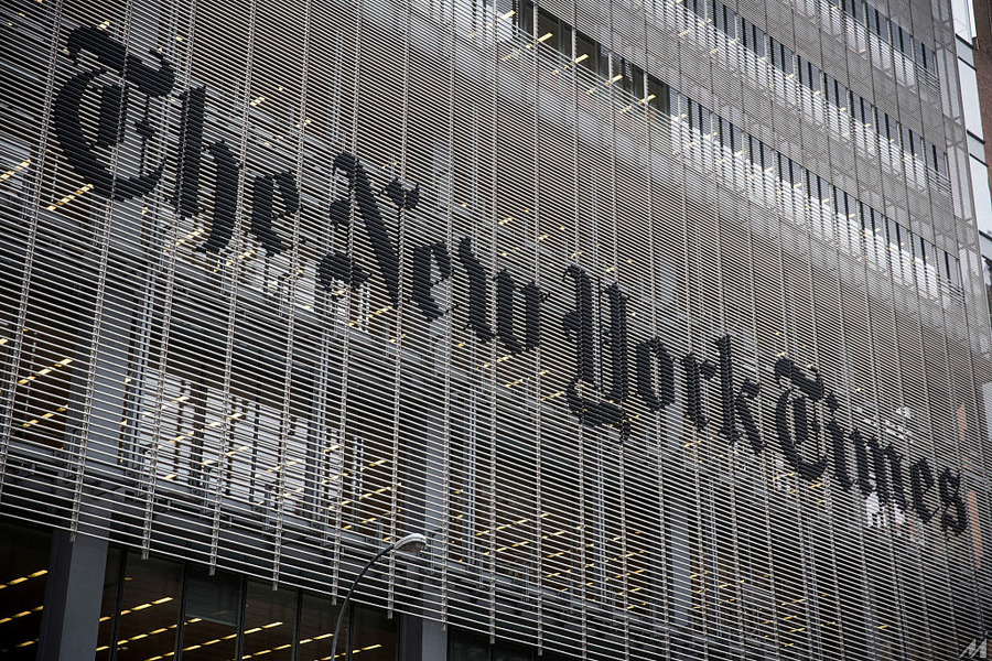 <p>NEW YORK, NY – OCTOBER 01:  The New York Times building is seen on October 1, 2014 in New York City. The Times announced plans to cut approximately 100 jobs from the newsroom today, with the company announcing it will start with buy-out packages before moving to layoffs.  (Photo by Andrew Burton/Getty Images)</p>