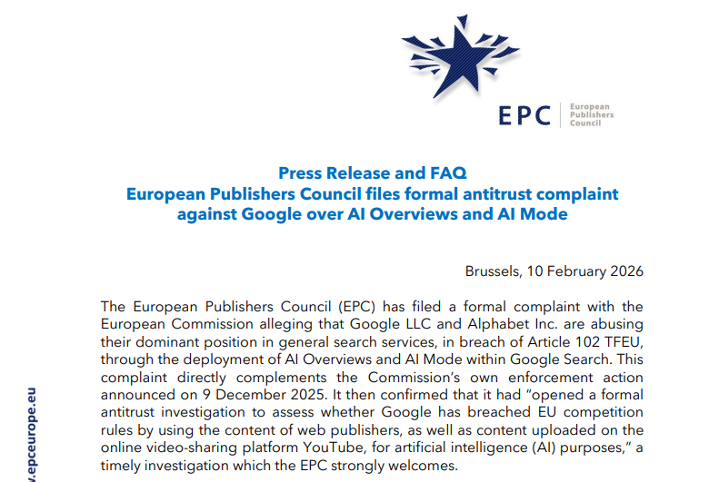 欧州パブリッシャー評議会、GoogleのAI機能を巡りEU競争法違反を正式申立て―独占的な地位でクロールを強行 画像