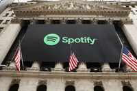 <p>NEW YORK, NY – APRIL 03: The Spotify banner hangs from the New York Stock Exchange (NYSE) on the morning that the music streaming service begins trading shares at the NYSE on April 3, 2018 in New York City.  Trading under the symbol SPOT, the Swedish company’s losses grew to 1.235 billion euros ($1.507 billion) last year, its largest ever.  (Photo by Spencer Platt/Getty Images)</p>