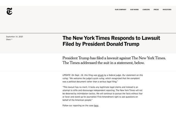 トランプ大統領のNYタイムズ提訴が棄却　「不適切で冗長である」と批判