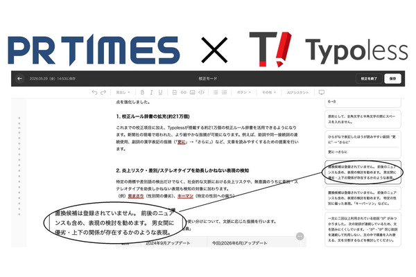 PR TIMESが朝日新聞社の文章校正AI「Typoless」を搭載、約21万個の校正ルールで炎上リスクや差別表現を検知 画像