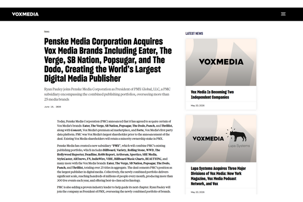 ペンスキーメディア、Vox Mediaから残る7ブランドを買収　「Billboard」「Variety」など運営
