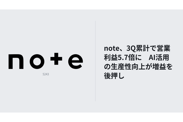 note、3Q決算は売上高33.2%増　AI関連事業が拡大し大幅増益 画像