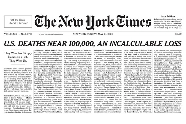 ニューヨーク・タイムズ、新型コロナウイルスによる死者1000名のリストを日曜版の一面全面に掲載・・・その背景は? 画像